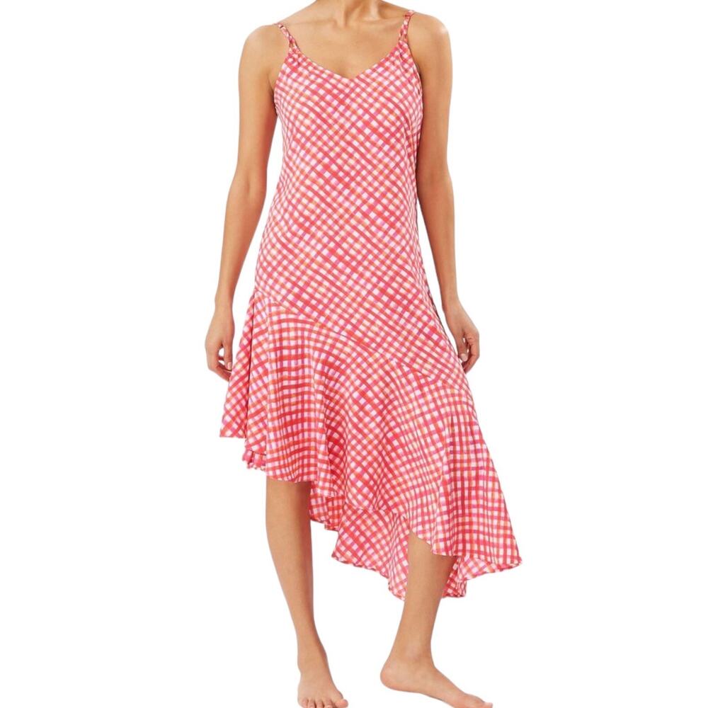 Tommy Bahama Harbour Island Dress Womens Small Pink Gingham Asymmetrical Ruffle